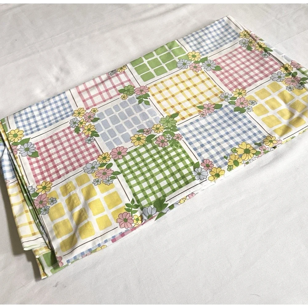 VTG Flat Sheet 70's Cannon Monticello Colorful Patchwork Gingham Floral 90x104